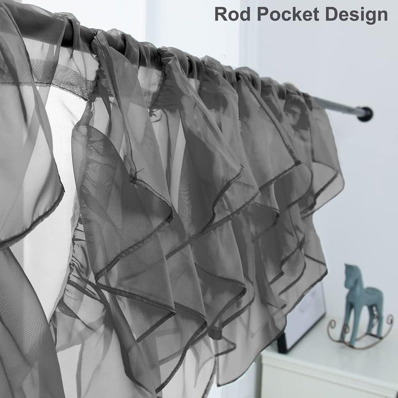 PearAge Ruffled Voile Semi Sheer Curtain Valance, Kitchen Living Room Shabby Chic Ruffle Valance Curtains, Girls Daughters Bedroom Cascade Window Valance Grey 50x16 Inches - Image 2